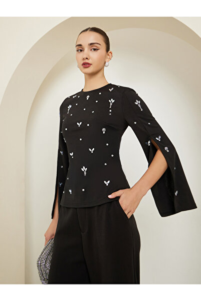 Styli Black Embellished Slit Sleeve Top