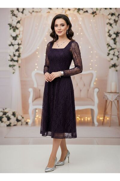 KADİR KORKMAZ GİYİM Kare Yaka Ara Boy Astarlı Abiye Elbise