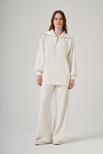 Nuss 1093 Yarım Fermuarlı Şerit Detay Pantolonlu Takım - Ekru