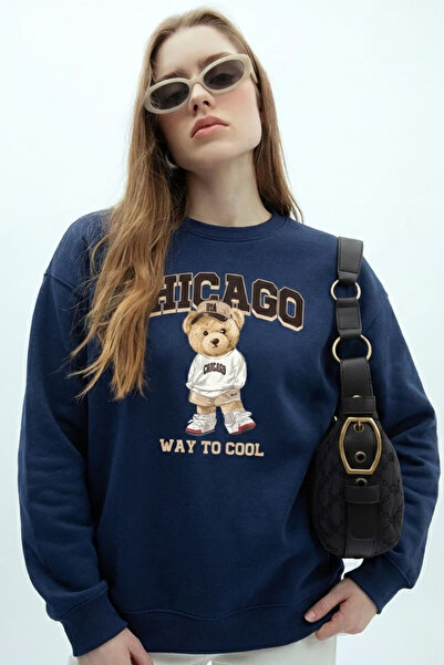 COMBİNE MİCHAİL Women's Chicago Print Navy Blue Loose Sweatshirt