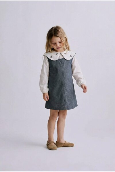 Magu Girl's Cotton Anthracite Embroidered Wide Collar Gilet Dress - White Blo...