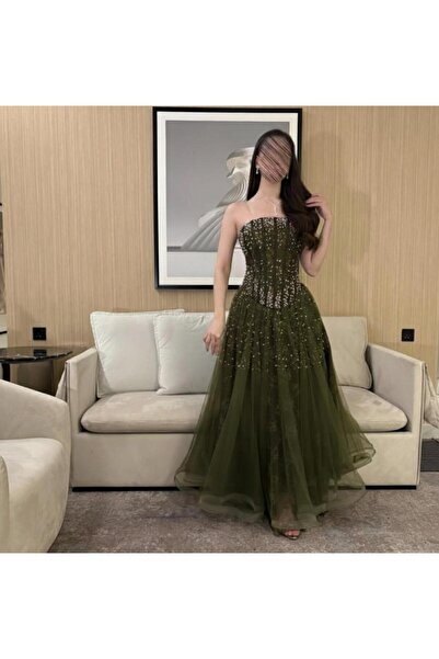 ELHAM FASHION Olive green embroidered Tulle evening dress