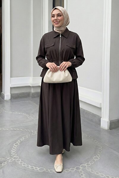 InStyle طقم تنورة مودال تونيل برباط باللون البني الداكن