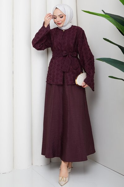 hafsamina Halka Desen Kabartmalı İkili Takım Bordo HM2881