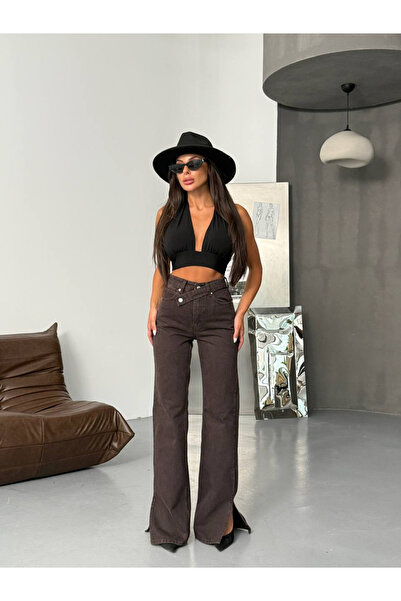 HerTon Σκούρο μπλε ασύμμετρο τζιν με λεπτομέρεια στη μέση και φαρδιά γραμμή