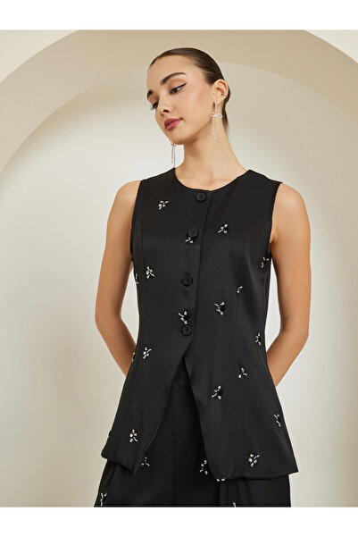 Styli Black Embellished Sleeveless Waistcoat