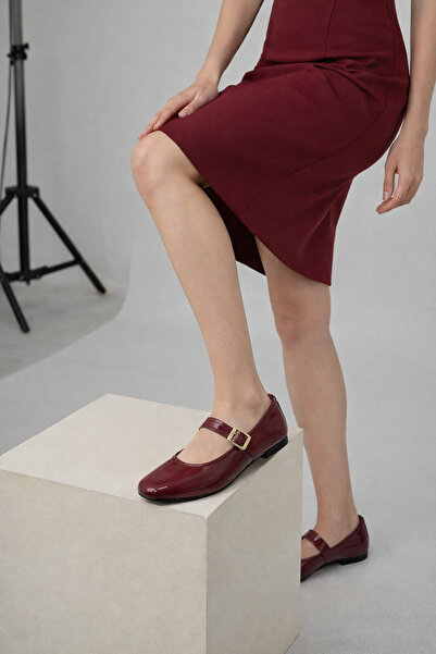 infinite8 Pantofi de damă Burgundy Mary Jane – cu cataramă aurie, design clas...