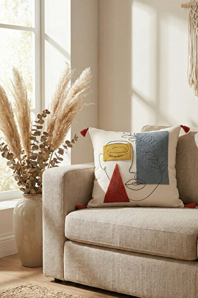 cottoncloth غطاء وسادة مزخرف بنمط وجه تجريدي حديث ومطرز، مقاس 42x42 سم، من ال...