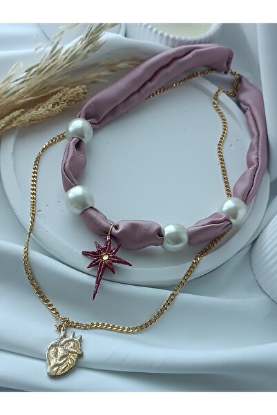 La fee aksesuar Fular Kolye Gül Kurusu Kumaş Bordo Kuzey Yıldızı Gold Anatomi...