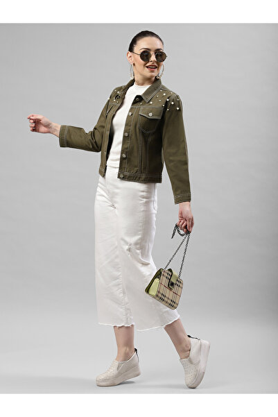 Kassually By Styli Women Olive Faux Pearl Embellished Denim Jacket