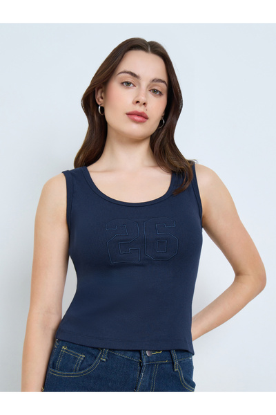 Styli Navy Fitted Embroidered Tank