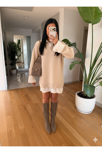 Miss Beyoğlu Women's Shirt Detailed Knitwear Dress (Belt Not Included)