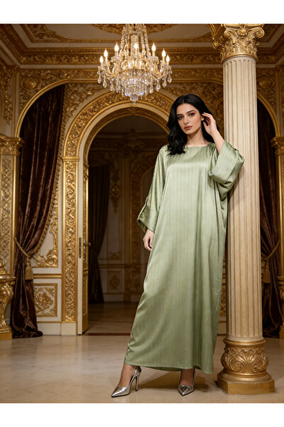 Take Two By Styli Women Green Striped Satin Kaftan