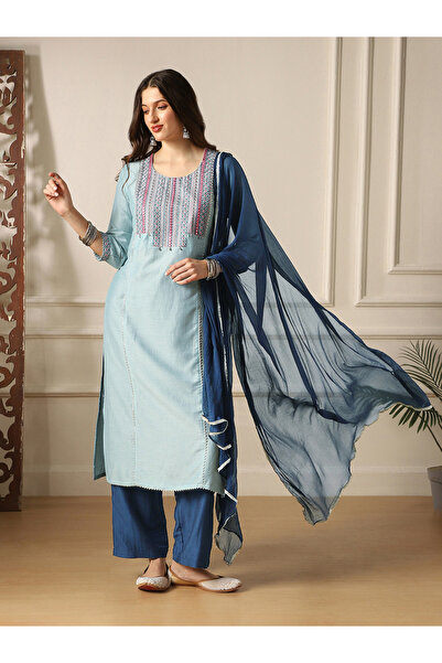 Globus By Styli Embroidered Yoke Straight Kurta, Pants and Dupatta Festive Set