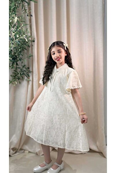 gmax Girls' dress with floral lace and gold threads