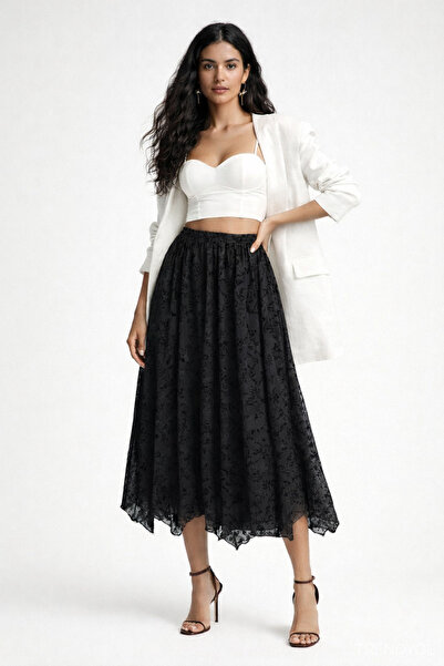 kikiriktekstil 10951 Women's Velvet Embossed Waist Elastic Lined Skirt