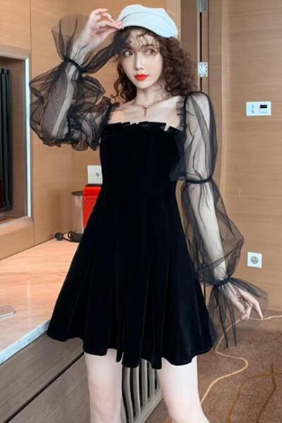 harmony factory Black Tulle Flared Sleeve Pleated Lace Detailed Dress Women's...