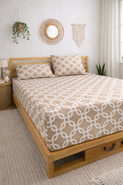 SADEN HOME Beige Geometric Patterned Elastic Sheet Set - Single/Double/King Size