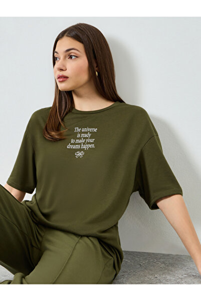 Styli Olive Slogan Print Oversized T-Shirt