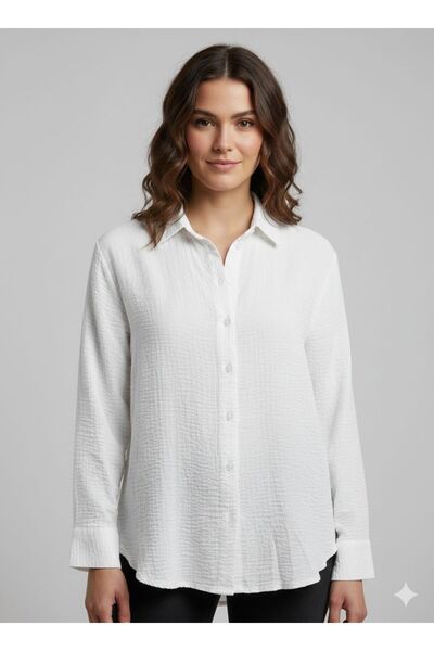 Mess Trend Tarzınla Fark Yarat Pure White Textured Loose Fit Shirt
