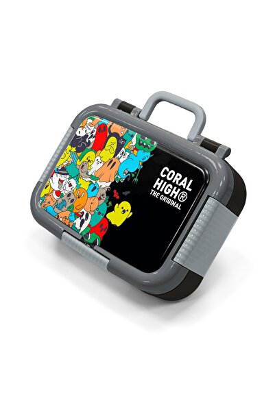 Coral High Kids Black Cartoon Patterned Stainless Steel Lunch Box 39282