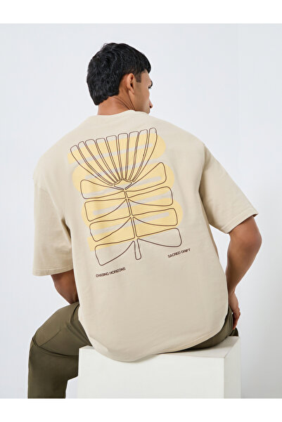 Styli Men Beige Graphic Print Oversized T-Shirt