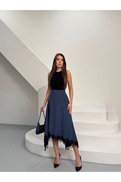 ALVOR Tencel Fabric Modern Cut Lace Trim Midi Skirt