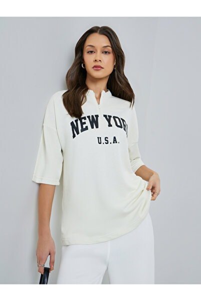 Styli White Oversized Slogan T-Shirt with Zip Neckline