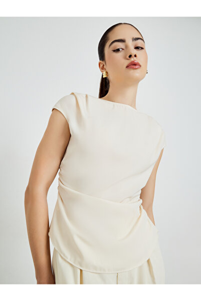 Styli Beige Pleated Sleeveless Blouse