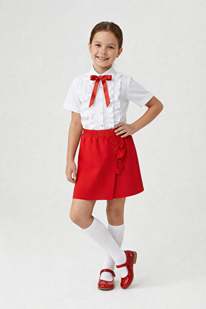 nacar çarşı Girl's Red Bowknot Ruffle Shirt Button Detailed Red Shorts Skirt ...