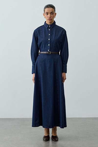 Fahhar Pens Detaylı Denim Elbise Lacivert