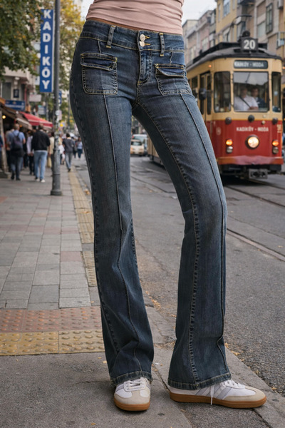 Messy Girls Vintage Kadın İspanyol Paça Jean Düşük Bel Cep Detaylı Slim Fit F...