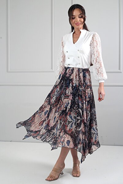 By Saygı Fusta midi triunghiulară, elastică în talie, căptușită, cu model șal...