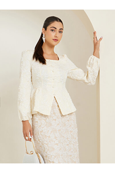 Styli WhiteSquare Neck Jacquard Blouse