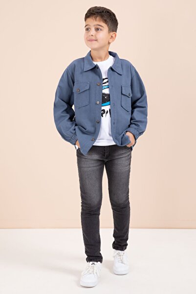 Cansın Mini Boy's 3-Piece Set with Blue Buttoned Pocket Shirt and Jean Trouse...