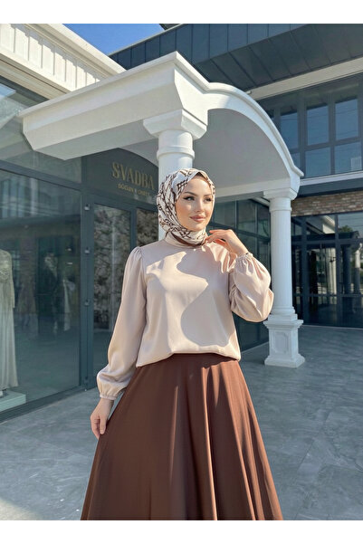 adamila Kadn Dik Yaka Kolu Lastikli Arka Fermuarlı Saten Bluz