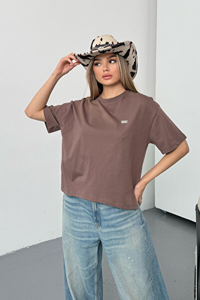 GİYSA Women's 100% Cotton T-Shirt with Tag Accessories Light Brown - 26Y 26520