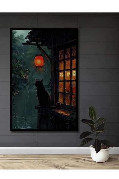 Caddemia Çerçeve Görünümlü Dekoratif Ahşap Mdf Kare Yağmurda Kedi ve Fener Ta...