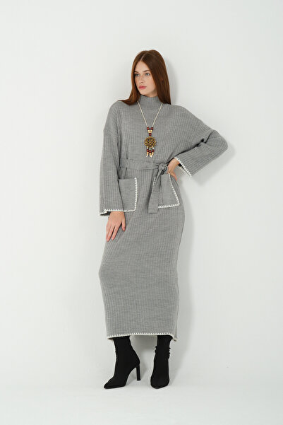 Hatun Atila Hatunatila Crochet Knitwear Dress with Belt and Necklace 5106 Gray