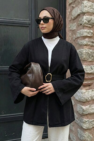 InStyle Wide Sleeve Belted Black Denim Jacket
