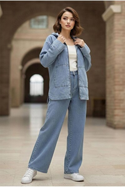 SENSTIL Front Zippered Kangaroo Pocket Double Denim Set Ss2880 Light Blue