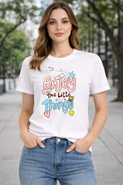 herkesemoda Enjoy Things Basic T-Shirt with Text Detail