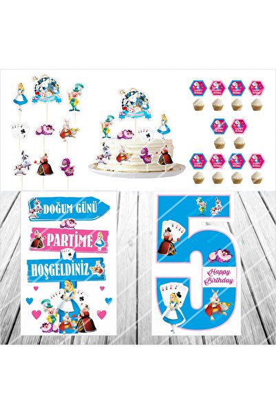 SİYAH PARTİ EVİ Alice in Wonderland Birthday Table Decoration / Cake Decorati...