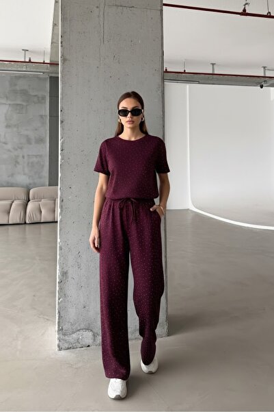 aksesuarista Kadın Taşlı Bordo Modal Kumaş Eşofman Takım