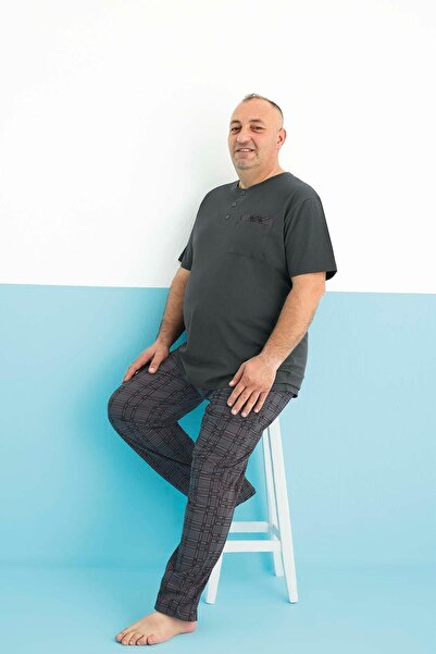 Aydoğan Men's Dinç Large Size Cotton Short Sleeve Anthracite Pajama Set 0178