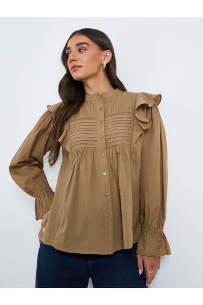 Styli Brown Ruffle Detail Pintuck Blouse