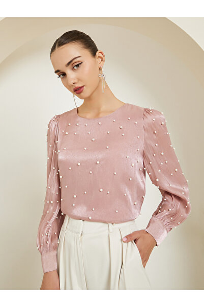 Styli Pink Pearl Embellished Long Sleeve Blouse