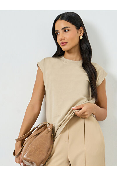 Styli Beige Cotton Cap Sleeve T-Shirt