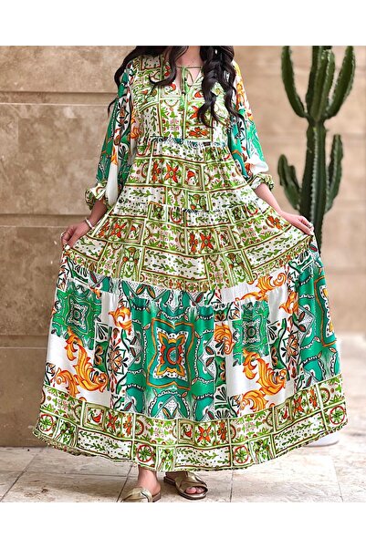 Lavanta Tekstil Green Patterned Long Dress with Tie Detail