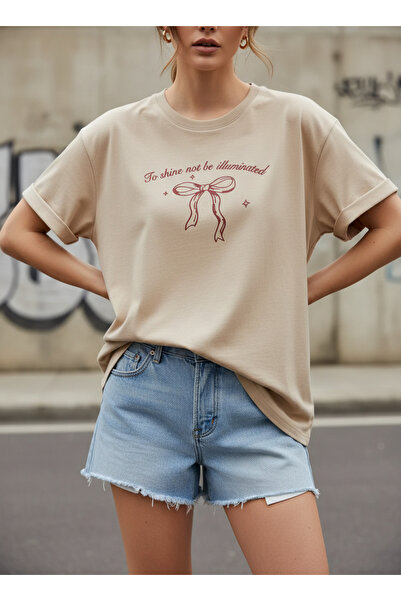 ship master Women's Bow and Text Printed 100% Cotton Oversize Beige T-Shirt